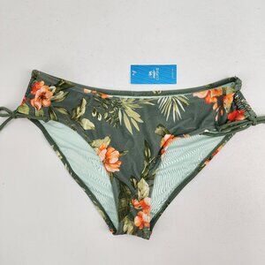 New Cupshe Womens Large Tie Cinch Bikini Swimsuit Bottom Green Tropical Hibiscus